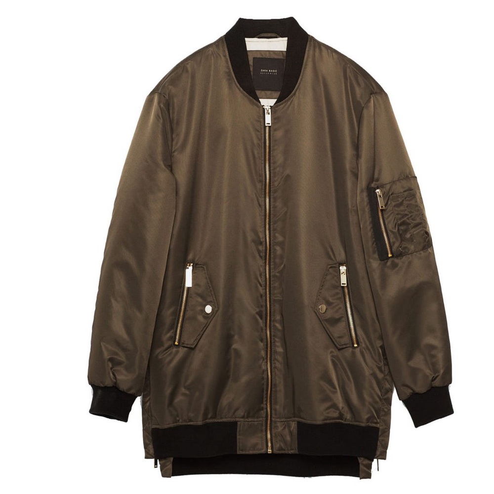 Zara Basic Bomber Jacket with Gold Accents (Olive)